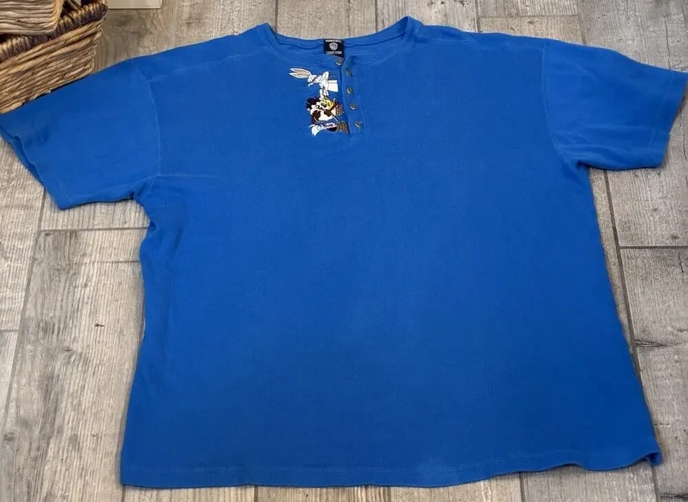 Vtg 90s Looney Tunes Embroidered Henley Shirt XL Blue Bugs Bunny Taz Warner Bros